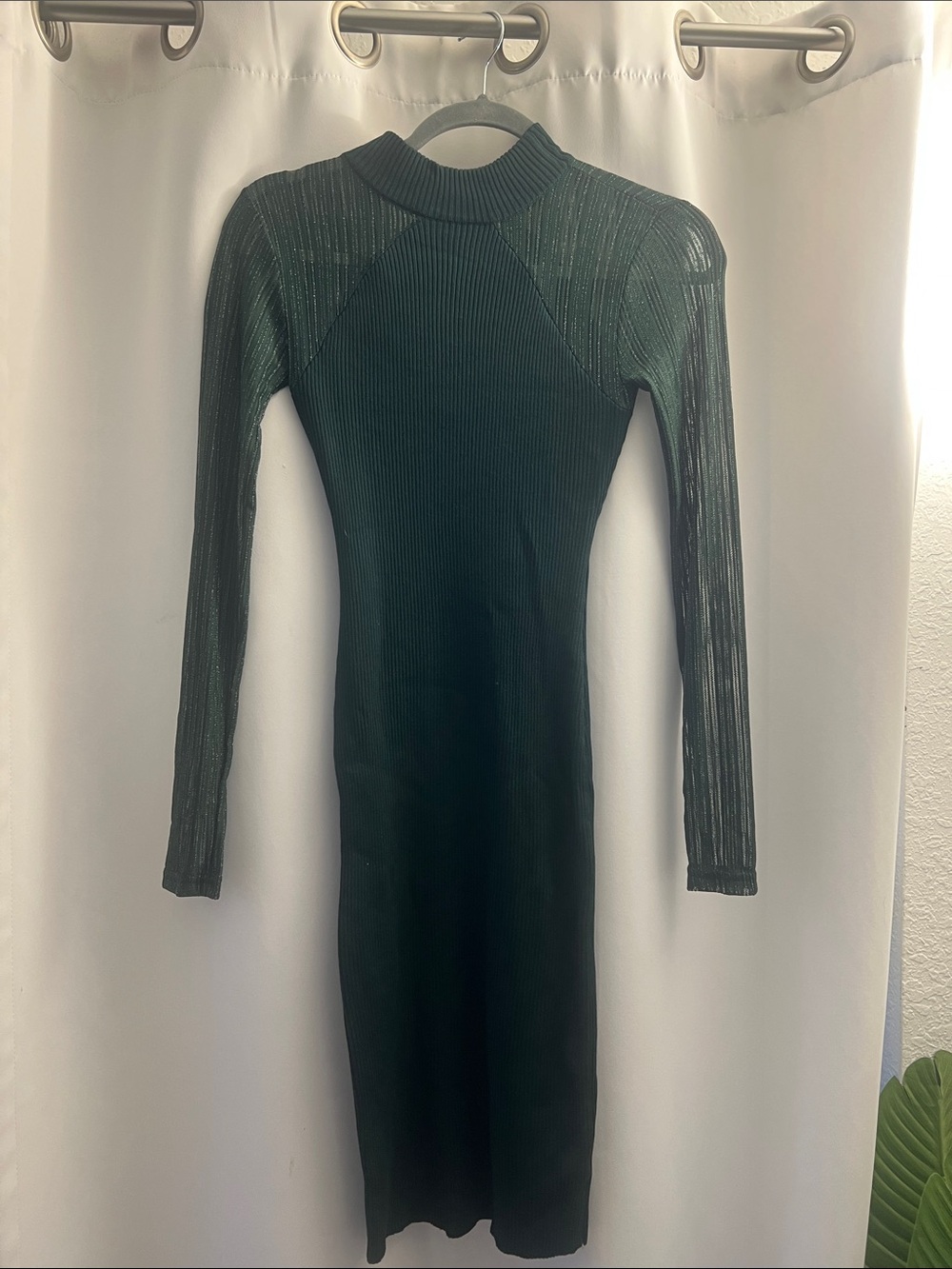 Fashion Nova Dark Green Ribbed Long Sleeve Midi Dress